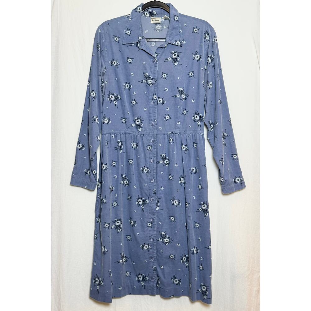 90s Vintage LL Bean Corduroy Midi Dress Floral Button-Down – Blue – Size 14 TALL